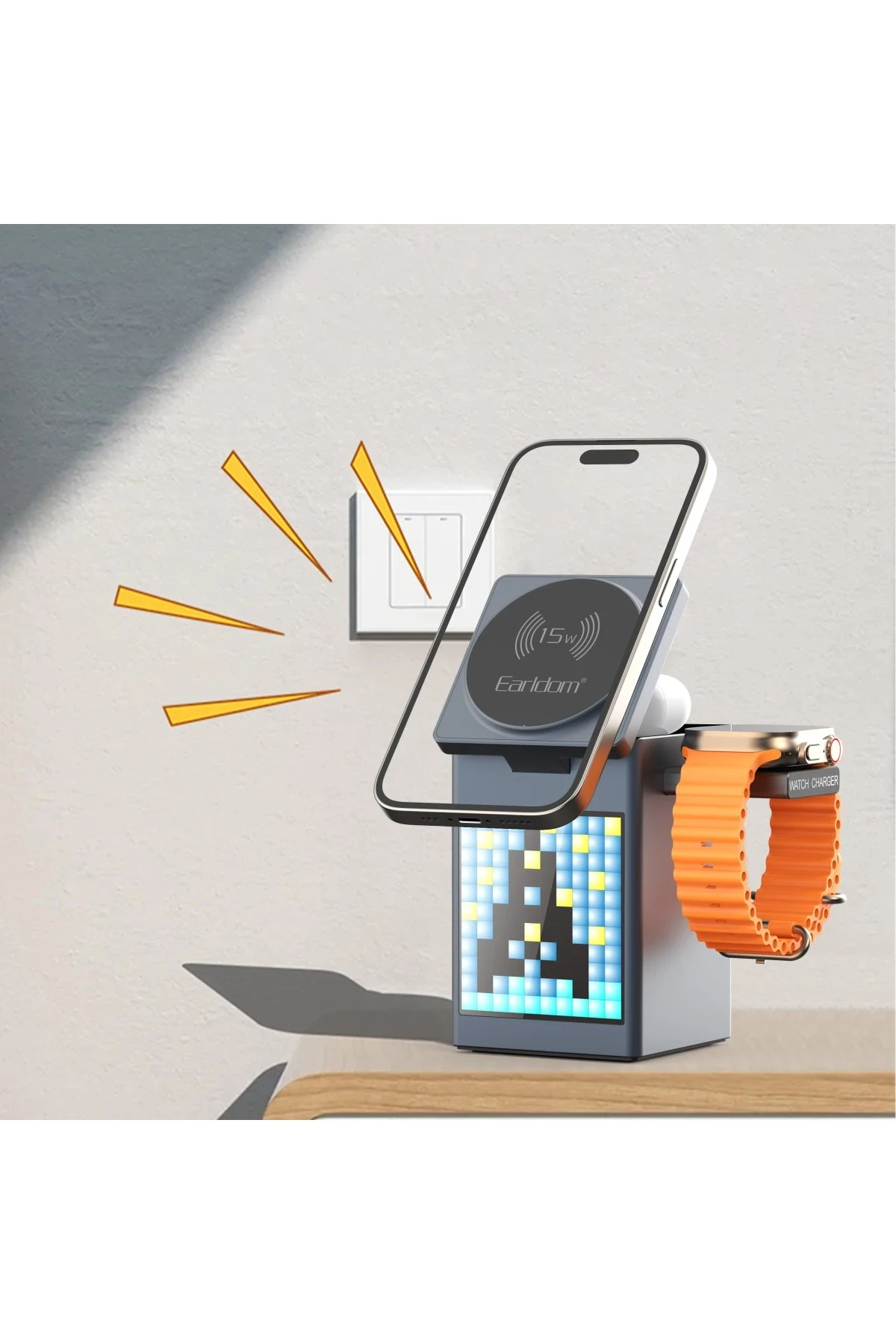 Earldom 5in1 Dijital Saat Göstergeli 15W Telefon 2.5W Saat ve 5W Airpods İçin Kablosuz Şarj Standı - Gri