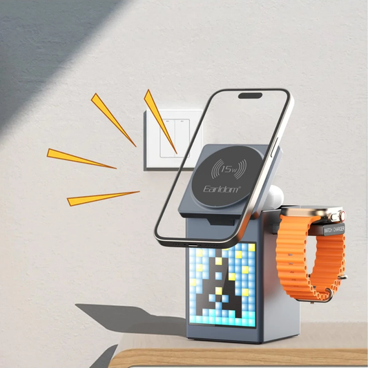 Earldom 5in1 Dijital Saat Göstergeli 15W Telefon 2.5W Saat ve 5W Airpods İçin Kablosuz Şarj Standı - Gri