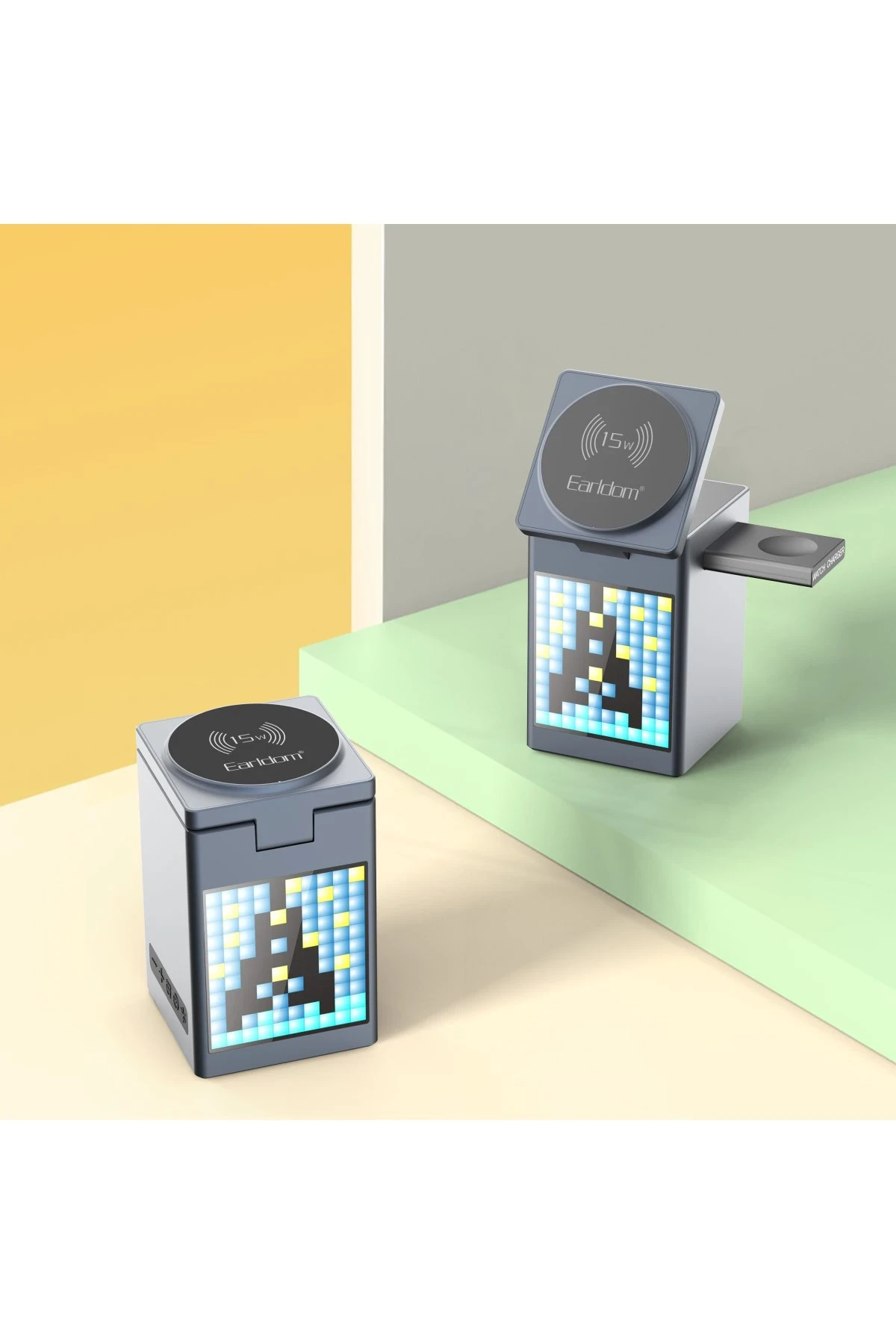 Earldom 5in1 Dijital Saat Göstergeli 15W Telefon 2.5W Saat ve 5W Airpods İçin Kablosuz Şarj Standı - Gri