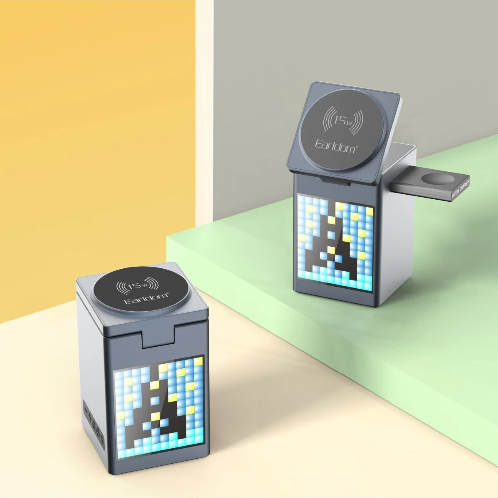 Earldom 5in1 Dijital Saat Göstergeli 15W Telefon 2.5W Saat ve 5W Airpods İçin Kablosuz Şarj Standı - Gri