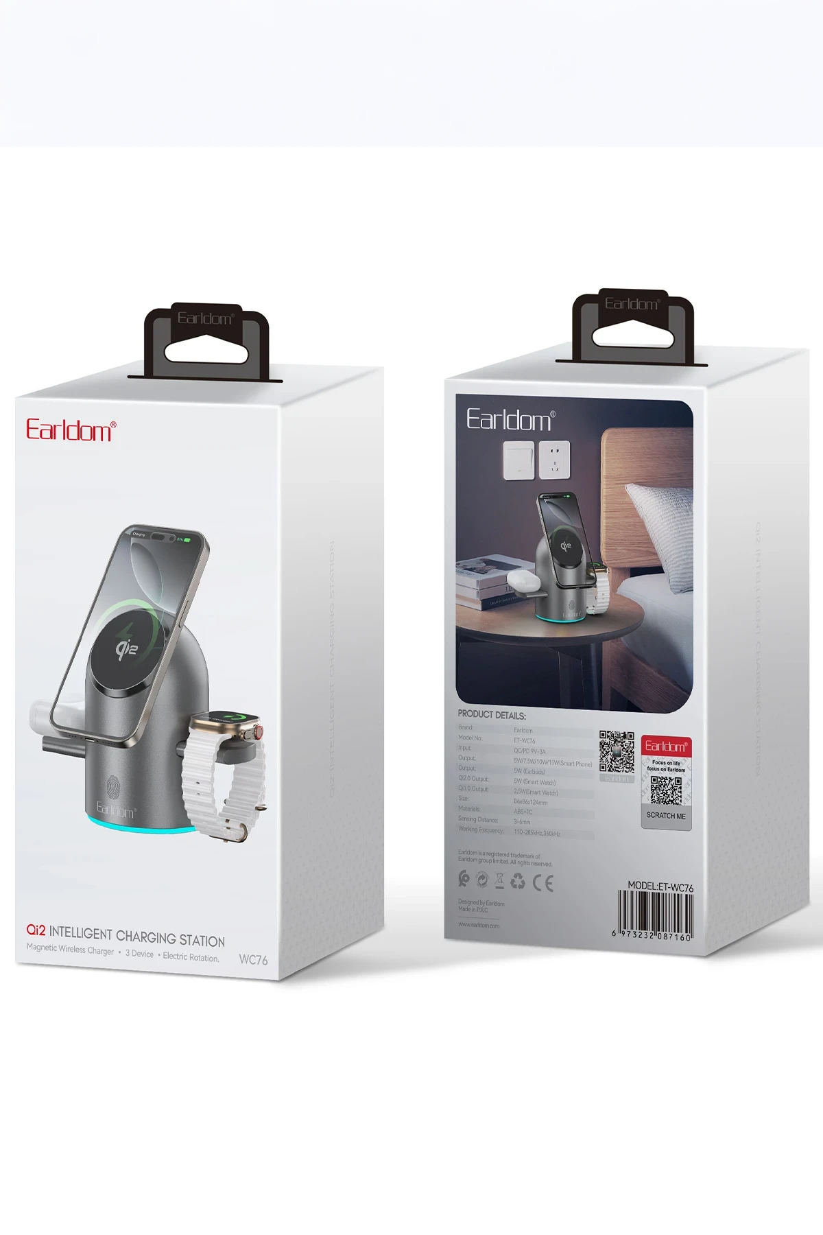 Earldom 3in1 15W Telefon 2.5W Saat ve 5W Airpods İçin Dönebilen Kablosuz Şarj Standı - Gri