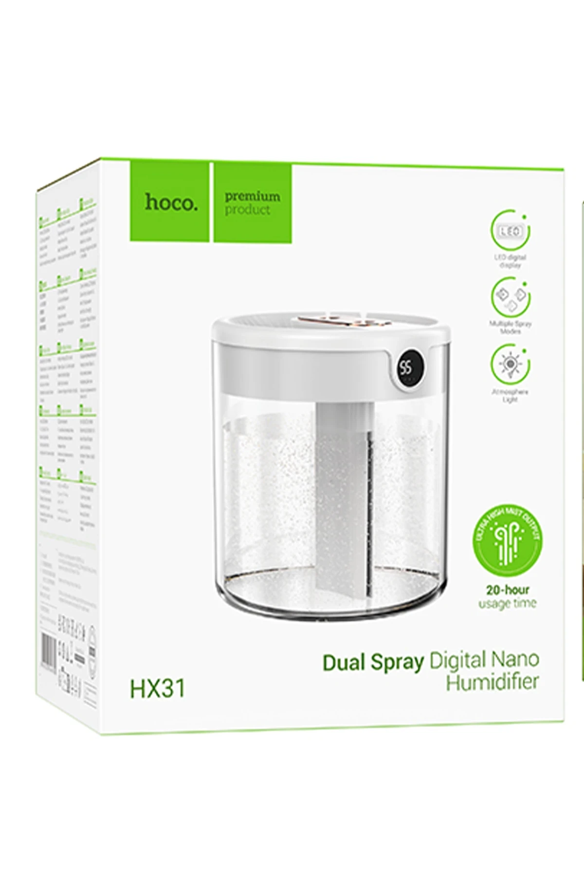 Hoco Dual Dijital Göstergeli Zaman Ayarlı Masaüstü Hava Nemlendirici - Beyaz