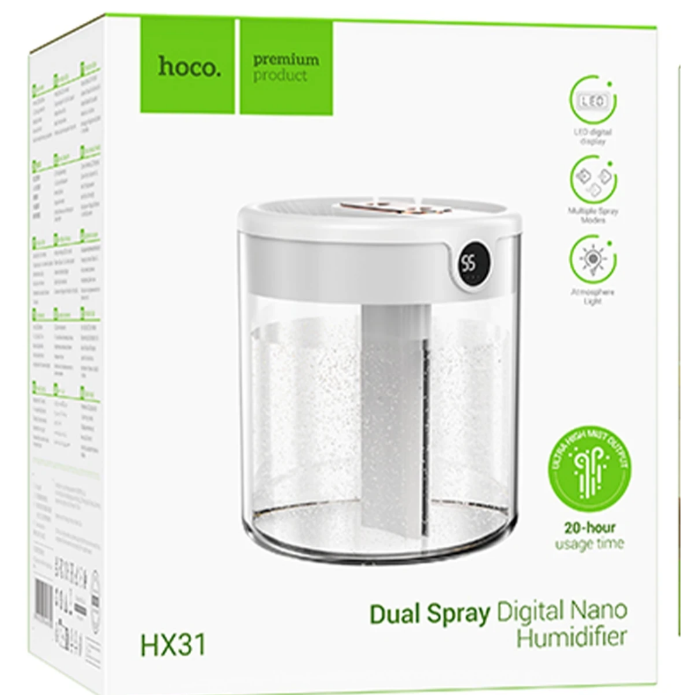 Hoco Dual Dijital Göstergeli Zaman Ayarlı Masaüstü Hava Nemlendirici - Beyaz