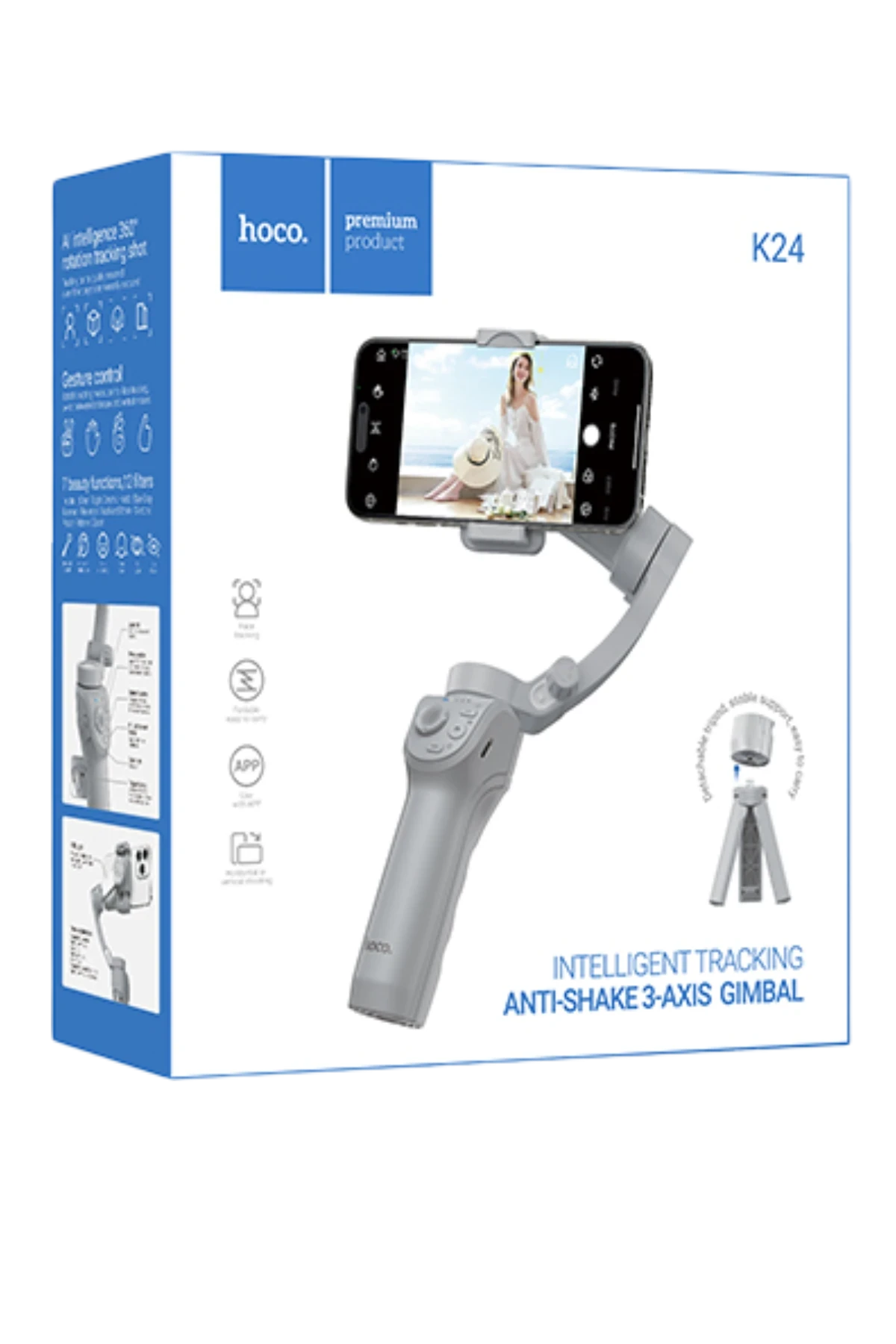 Hoco K24 360 Derece Otomatik Yüz Takipli Tripodlu Akıllı Selfie Gimbal – Gri