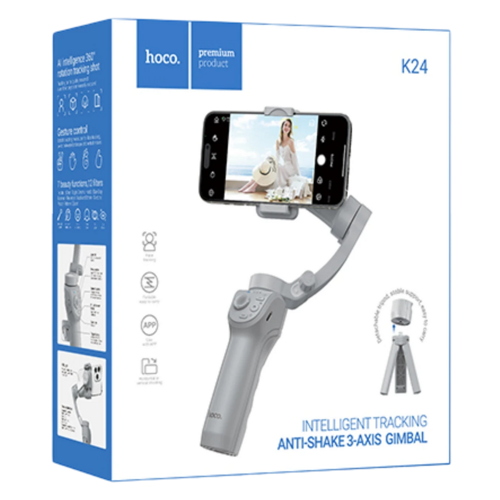 Hoco K24 360 Derece Otomatik Yüz Takipli Tripodlu Akıllı Selfie Gimbal – Gri