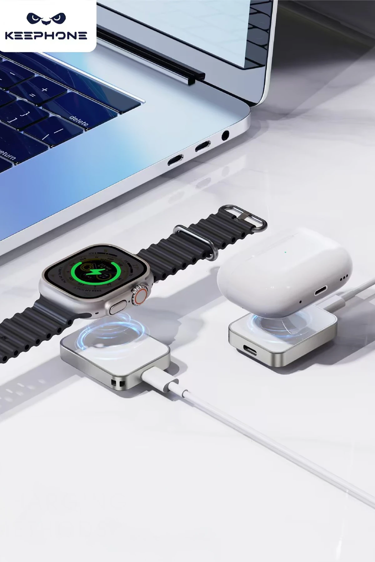 Keephone Ekstra Type-C Çıkışlı Saat Kablosuz Şarj Aleti - Gümüş