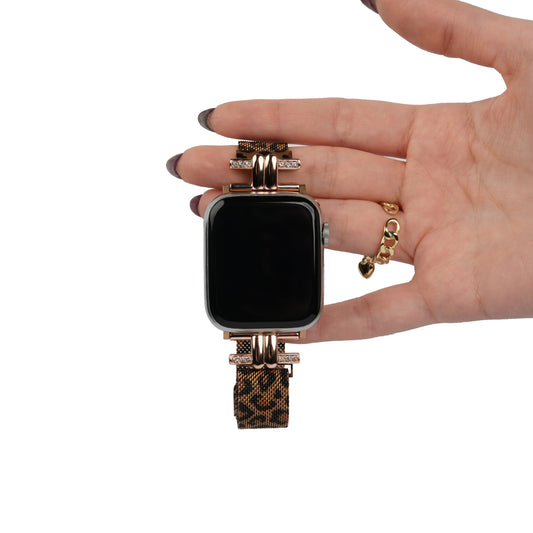 Apple Watch Taşlı Kadın Kordonu Stainless Steel Leopar