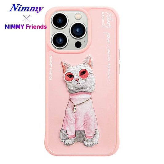 iPhone 15 Pro Max Nimmy Gerçek Nakışlı ve Uzun Pembe Kedi Telefon Kılıfı
