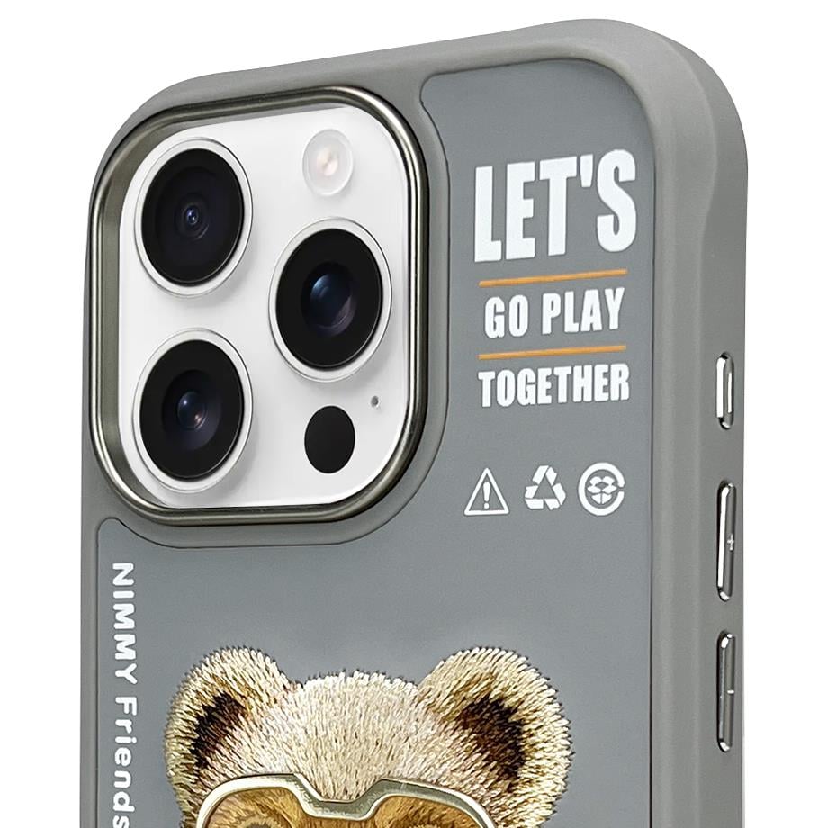 iPhone 15 Pro Max Nimmy Gerçek Nakışlı ve Gri Ayı Telefon Kılıfı