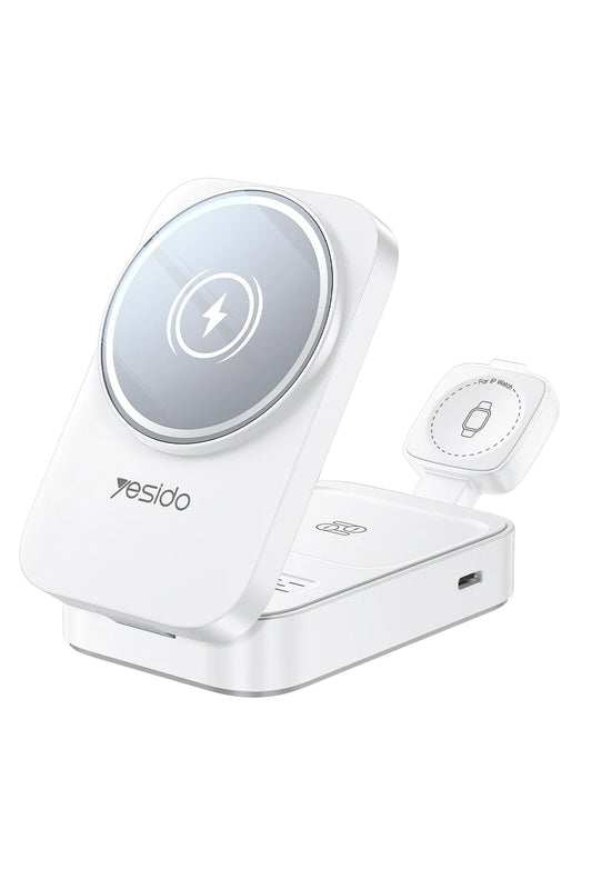 Yesido 3in1 Katlanabilir 15W Kablosuz Şarj Destekli Masaüstü Kablosuz Şarj Standı - Beyaz