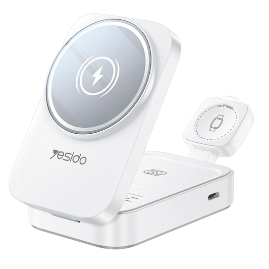 Yesido 3in1 Katlanabilir 15W Kablosuz Şarj Destekli Masaüstü Kablosuz Şarj Standı - Beyaz