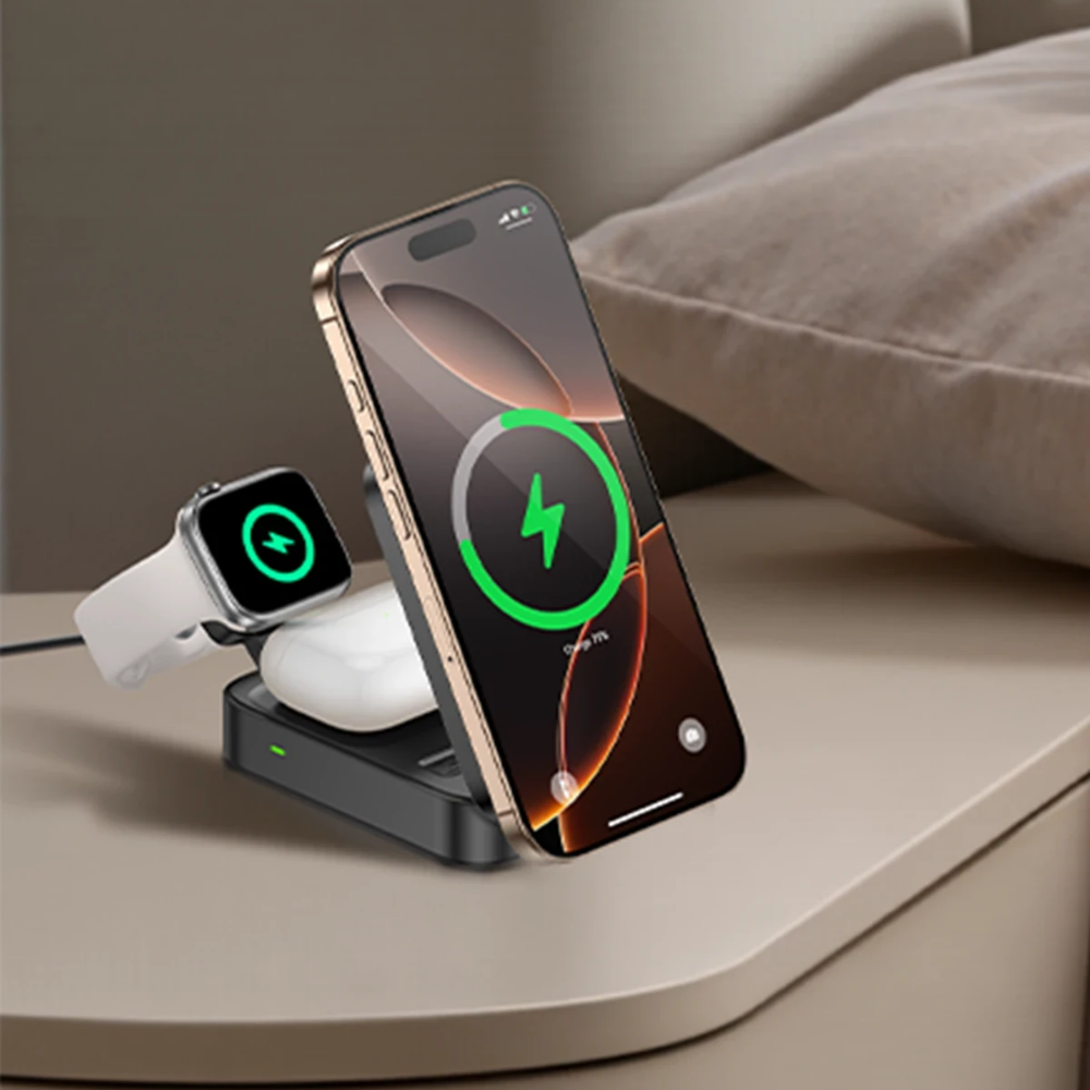 Yesido 3in1 Katlanabilir 15W Kablosuz Şarj Destekli Masaüstü Kablosuz Şarj Standı - Beyaz