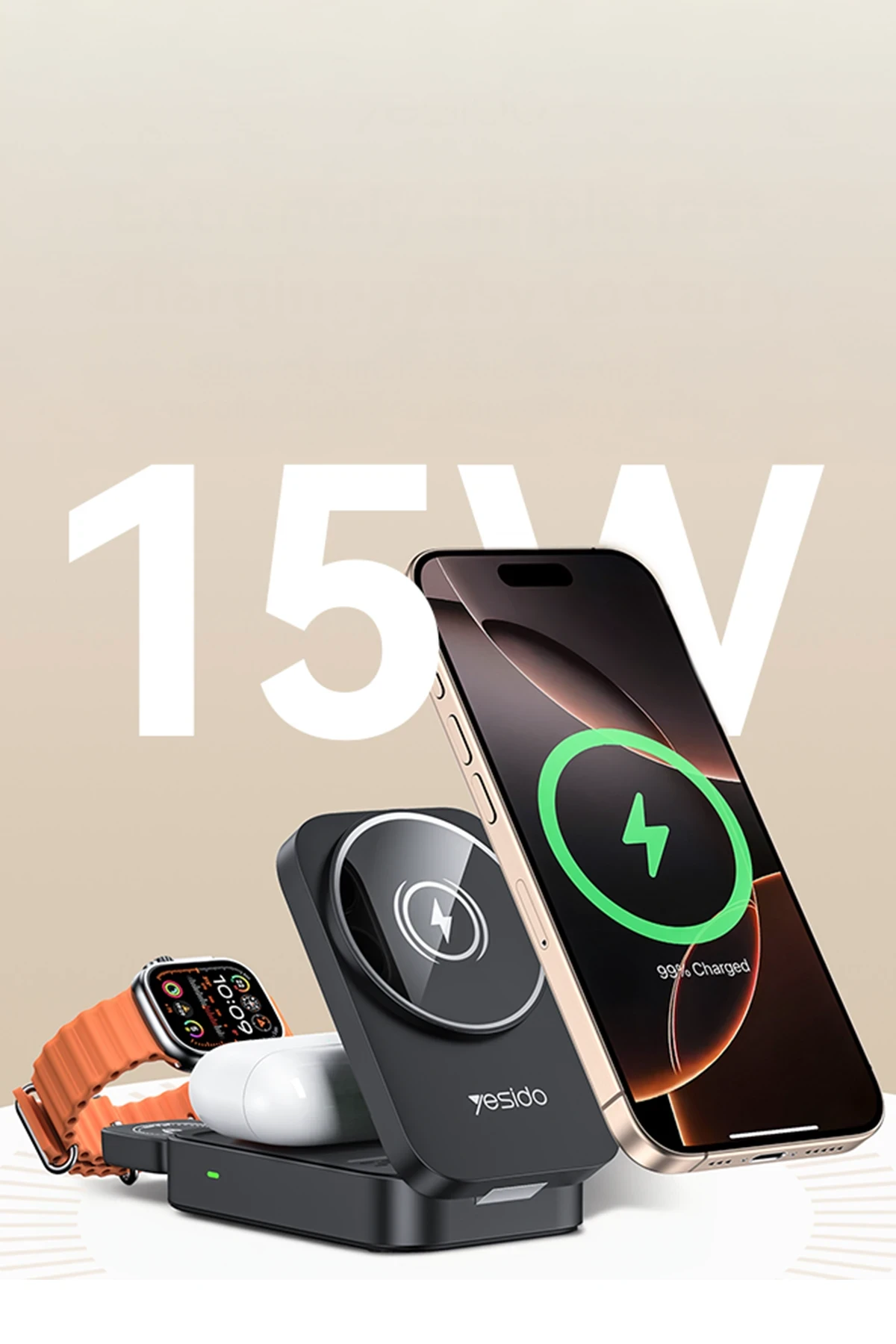 Yesido 3in1 Katlanabilir 15W Kablosuz Şarj Destekli Masaüstü Kablosuz Şarj Standı - Beyaz