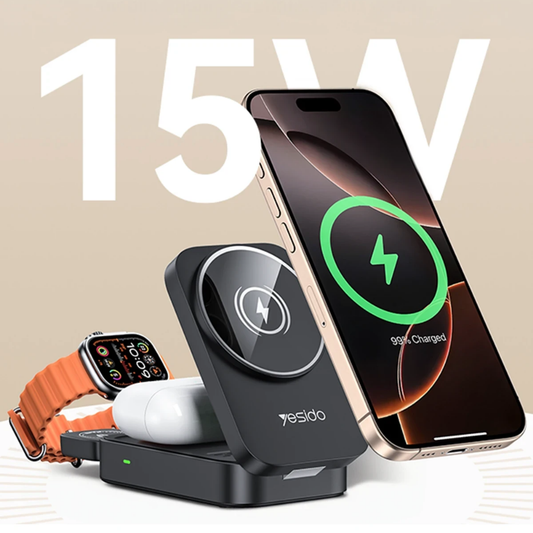 Yesido 3in1 Katlanabilir 15W Kablosuz Şarj Destekli Masaüstü Kablosuz Şarj Standı - Beyaz