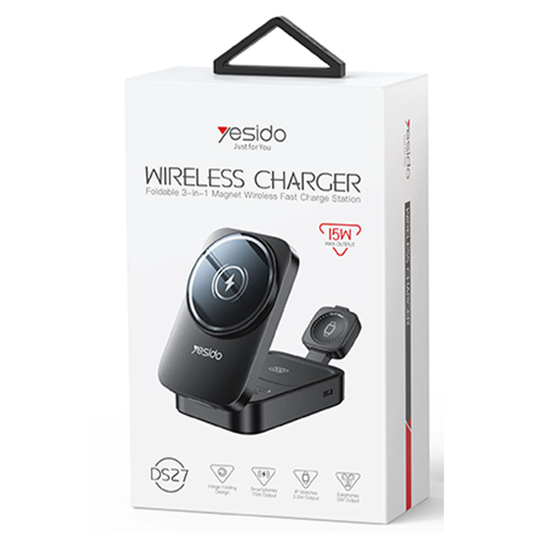 Yesido 3in1 Katlanabilir 15W Kablosuz Şarj Destekli Masaüstü Kablosuz Şarj Standı - Beyaz